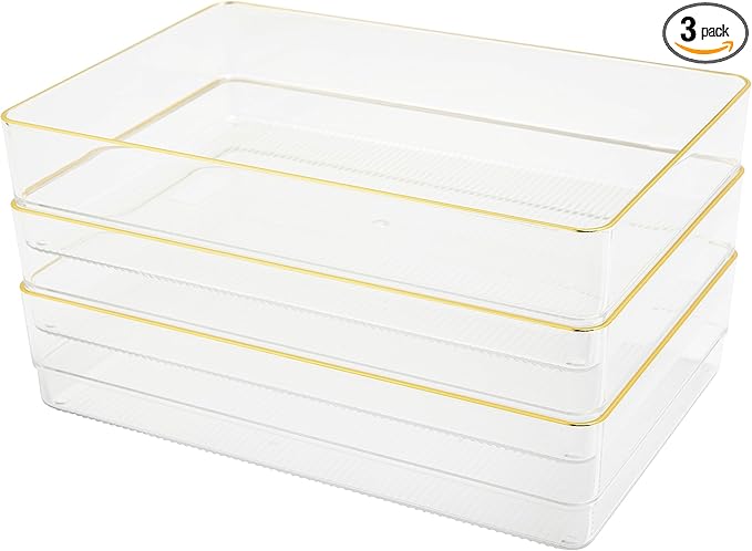 Martha Stewart Kerry Plastic Stackable Office Desk Drawer Organizers, 9" x 6", 3 Pack, with Gold Trim