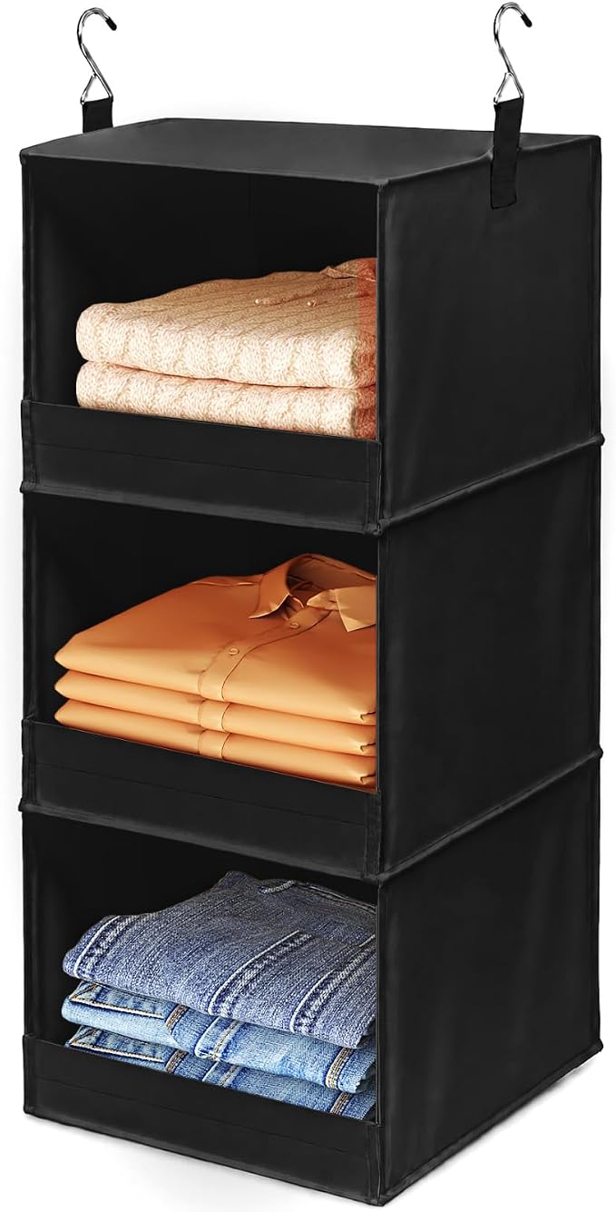 Lifewit 3 Tier Hanging Closet Organizer and Storage, Foldable Hanging Closet Shelves with 2 Sturdy Hooks, Clothes Organization for Sweater/Shoes/Coat, for Wardrobe, Bedroom, RV, Black, 1 Pack