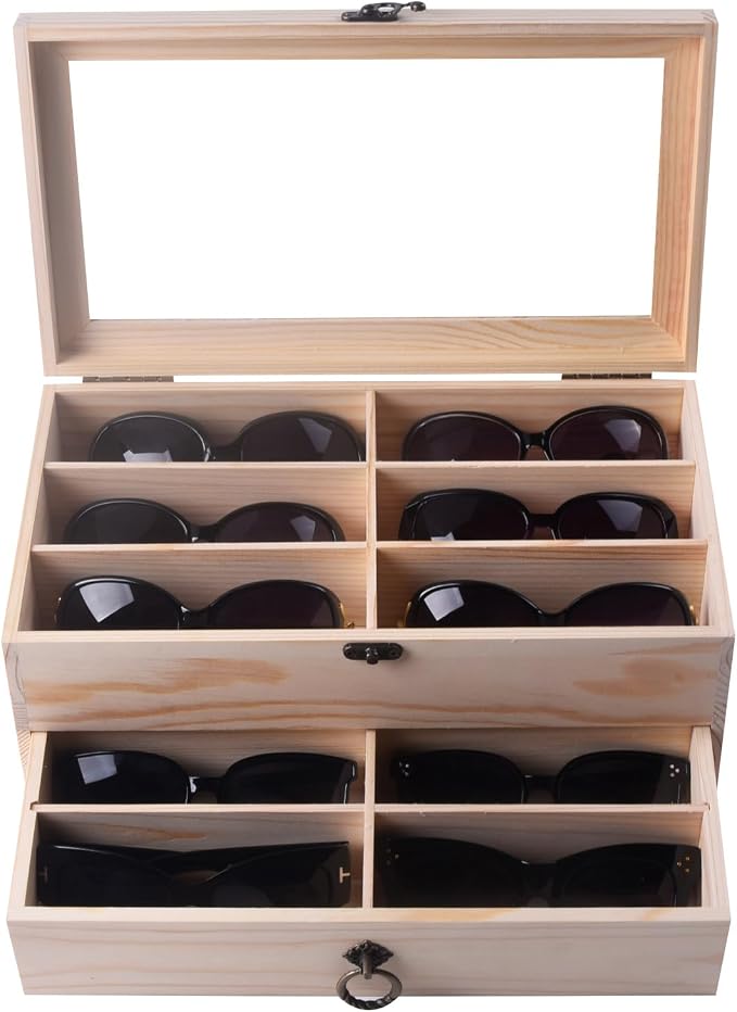 AUTOARK Pine Wood 12 Piece Eyeglass Storage Display Case Organizer,AW-171 | Sunglass Glasses Display,Drawer Lockable,DIY Colors