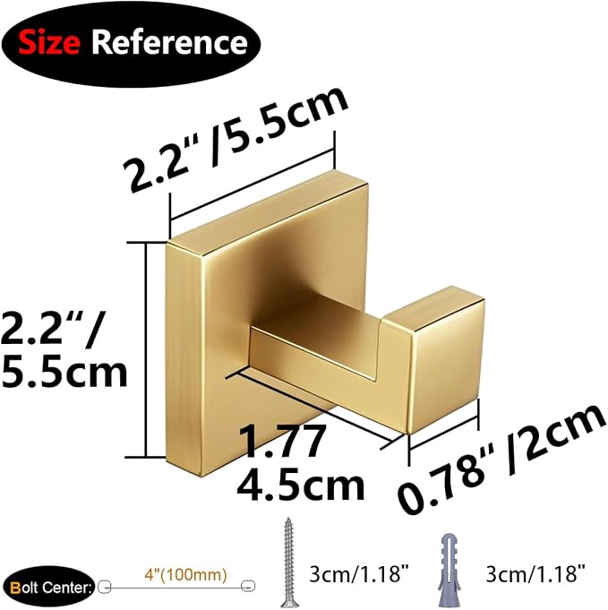 Nolimas Towel Hook Stainless Steel Bathroom Rustproof Clothes Towel Coat Hook Wall Mounted Square Toilet Kitchen, Heavy Duty Door Hanger, 4 Pack, Brushed Gold