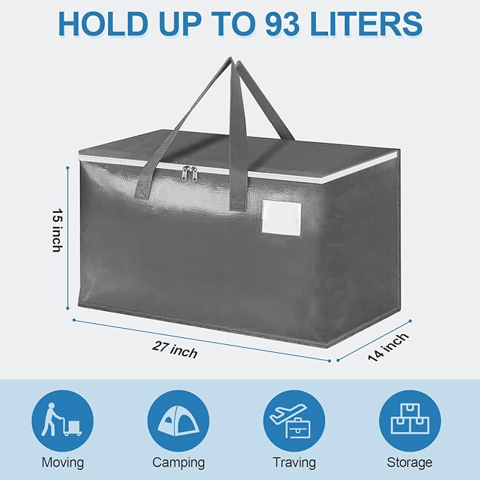 Three-layer Reinforced Moving Bags, 6 Pack Extra Large 93L 60lb Heavy Duty Moving Totes with Strong Zippers & Handles, Easy Open Lids, Water-Resistant, Storage Totes, Fold Flat