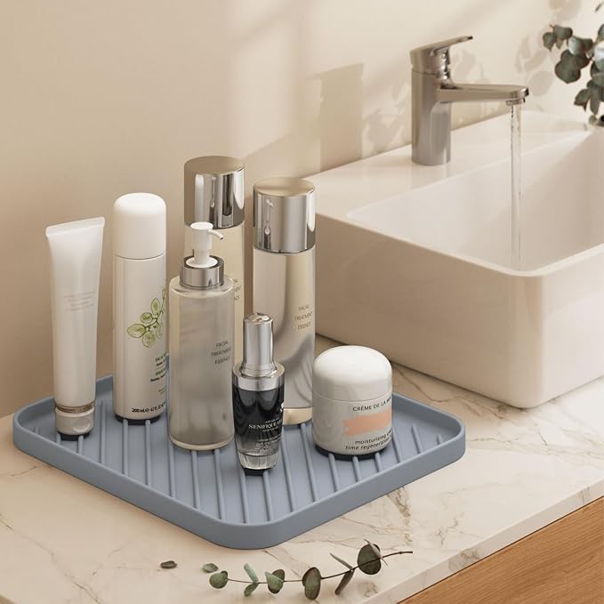 Silicone Organizer Tray for Kitchen Sink and Bathroom, Dishwasher Tray, Versatile Bathroom and Drawer Organizer Trays, Non-Slip Countertop （Gray）