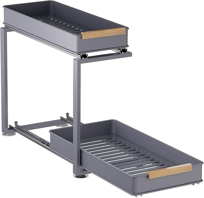 Pull Out Under Sink Organizer, 2 Tier Slide Out Drawer for Kitchen, Bathroom and Cabinet Storage, Steel, Gray