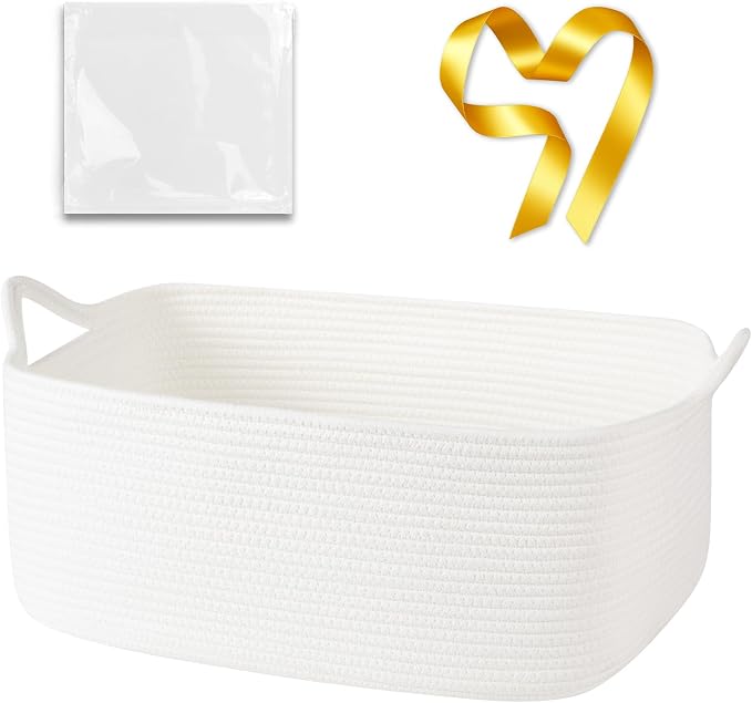 OIASKET Large Empty Cotton Rope Gift Basket with Handles, 18.9"x13.8"x7.8" Decorative Woven Storage Basket with Gift Bag and Ribbon Set for Baby Shower, Toy Organizer for Kids, Dogs & Cats - White