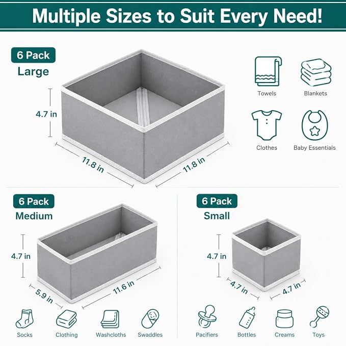 RFAQK 18 Pack Drawer Organizer Clothes-3 Sizes Dresser Organizer for Underwear Closet, Baby Clothes Organizer for Wardrobe-Foldable Fabric Drawer Dividers for Bedroom,Lingerie,Undies,Bra-Grey