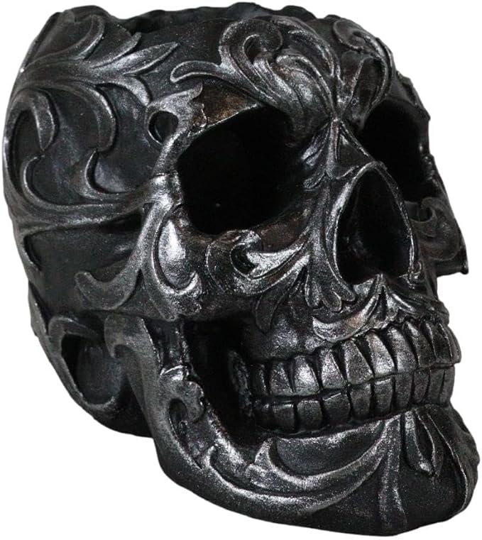 Ebros Gift Set Of 2 Tribal Tattoo Floral Skull Pen Holder Figurine 5.75" L Office Desktop Ossuary Skulls Decor Cranium Skeleton Head Stationery Holder As Halloween Macabre Graveyard Spooky Statue