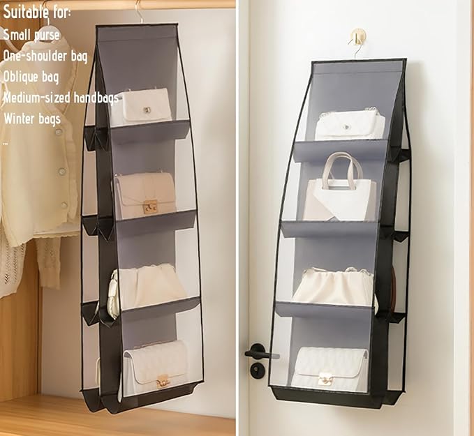 MURRI&MURRDI Hanging Handbag Organizer for Closet, Purse Storage Holder with 8 Clear Mesh Pockets, Space Saving Purse Hanger for Wardrobe, Black