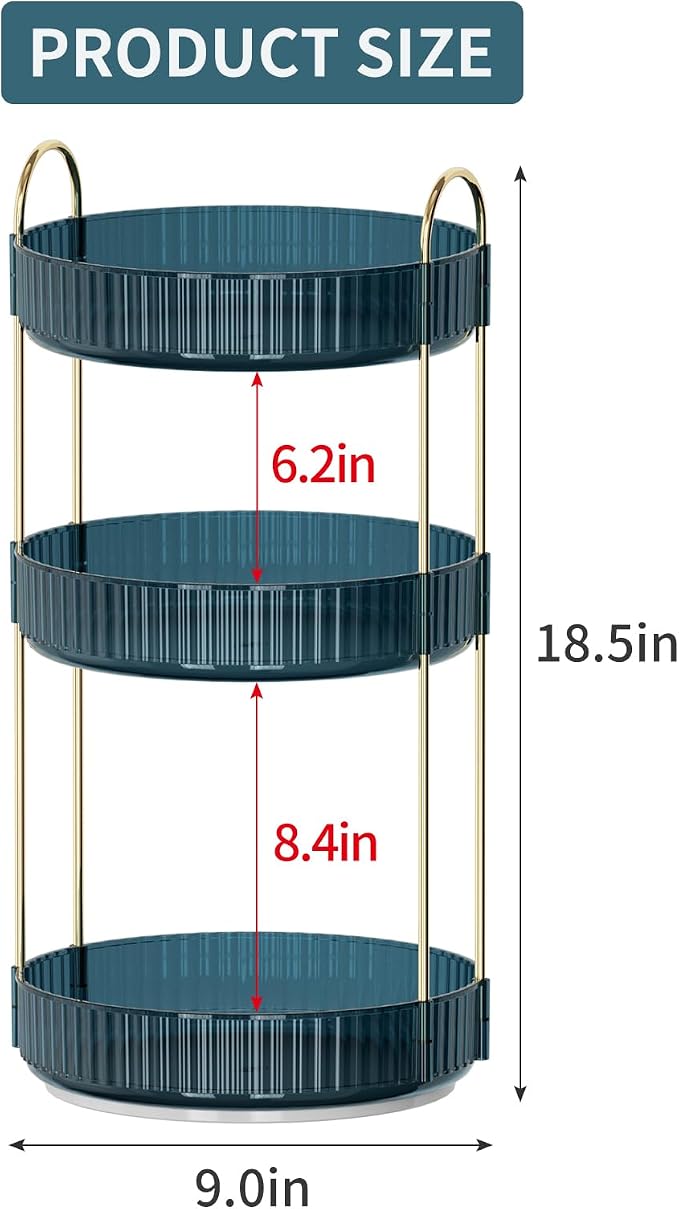 360 Rotating Makeup Organizer for Vanity, Bathroom Countertop Organizer Spinning Perfume Organizer, High-Capacity Cosmetic and Skincare Dresser Make Up Holder Rack (3 Tiers, Blue)