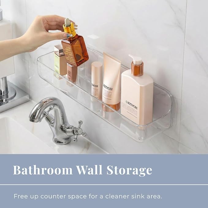 No-Drill Acrylic Shower Caddy – Wall Mounted Bathroom Shelf with Drain Holes, Strong Adhesive, Large Capacity for Shower, Kitchen, RV – Sandra Series