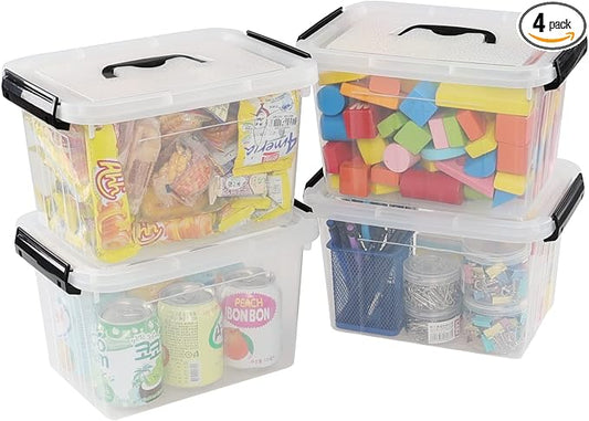 Ramddy 6 Quart Plastic Latching Storage Bin, 4 Pack Container Box with Lid | See Through Clear