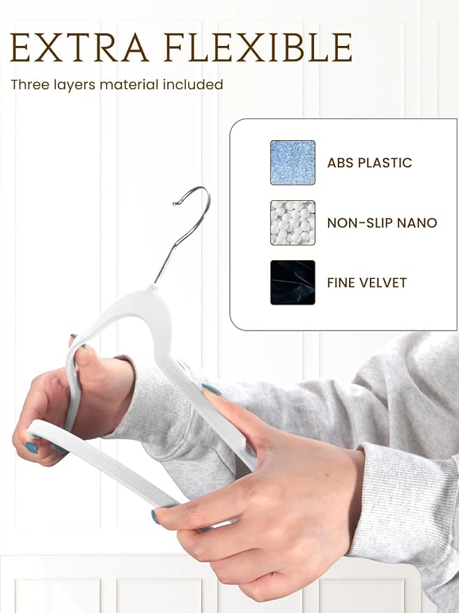 White Velvet Hangers 70 Pack, Non Slip Felt Slim Hangers for Space Saving | 360° Silver Hooks; Shoulder Notches; Heavy Duty for Coats, Suits, Dresses, Shirts, Jackets and Pants for Closet Organizer