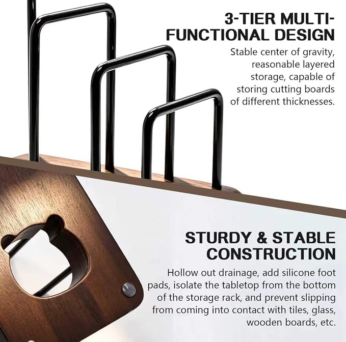 Chopping Board Rack with Walnut Base – 3 Slot Wood Cutting Board Holder Pot Lid Stand, Baking Trays Pans Plates Cabinet Storage Divider Accessory for Home Countertop Kitchen Storage & Organizer