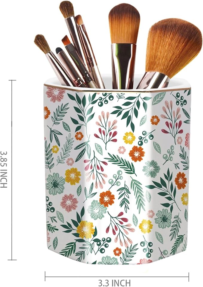 Large Capacity Colored Pen Holder for Desk, Ceramic Pencil Cup Cute Makeup Brush Holder, Desktop Supplies and Accessories, Pen Pencil Caddy for Office Home, Green Floral Pattern
