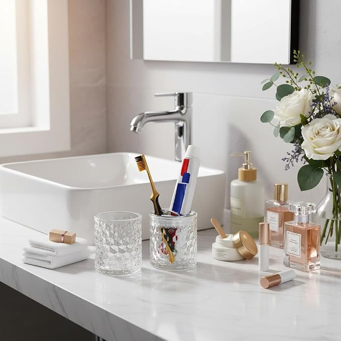2pcs Toothbrush Holders for Bathrooms,Glass Toothbrush Holder and Bathroom Tumbler Set,Toothbrush and Toothpaste Holder with Divider,Bathroom Toothbrush Cup Holder (Clear and Silver)