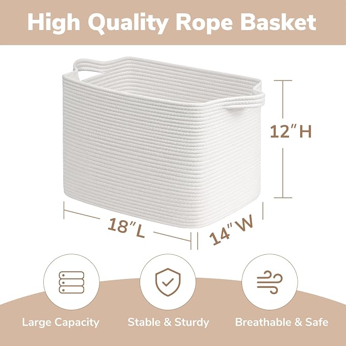Goodpick Large Woven Basket 18" x 14" x 12" Cotton Rope Storage Baskets for Organizing, Rectangle Blanket Basket for Living Room Bedroom, Toy Baskets Storage Kids, White