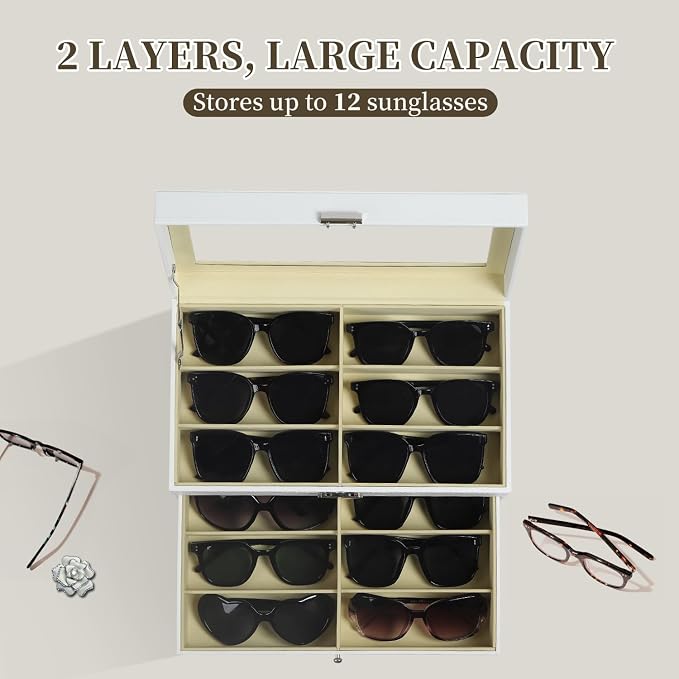AUTOARK Leather 12 Piece Eyeglasses Storage Display Case,White,AW-053 | Sunglass Organizer,Drawer Lockable,Display Drawer