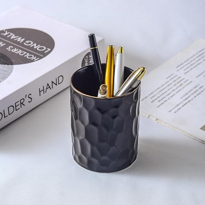 Ceramic Aesthetic Pen Holder for Desk Cute Pencil Holder Cup Pot Desk Organizer for Men Women Makeup Brush Holder Toothbrush Holder (Black)