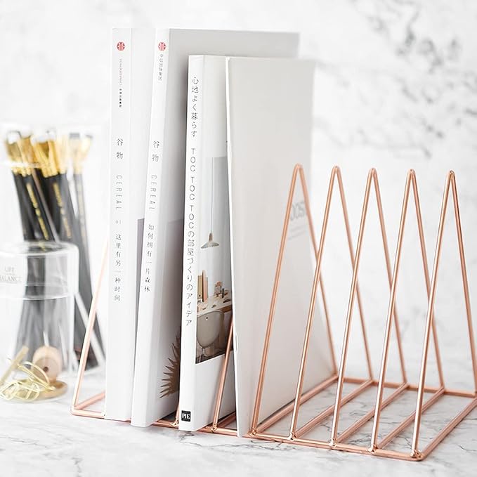 Sooyee 9 Slot Metal Record Holder Storage, Rose Gold | Magazine Holder, Book Album Display Rack, Desktop File Sorter Organizer, Triangle Bookshelf Decor for Home Office