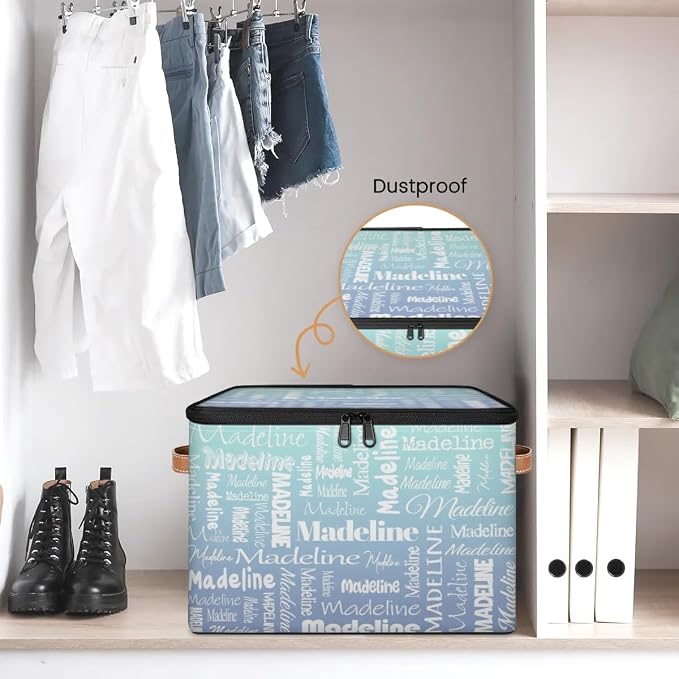 Custom Storage Basket with Name, Personalized Keepsake Box with Zipper Lid, Foldable Fabric Memory Bin Large capacity with Handle Green Blue Gradient