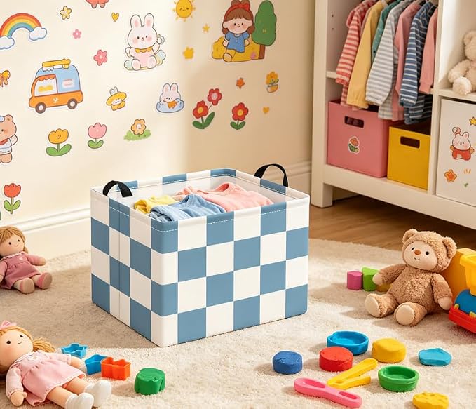 Rectangular Baby Kids Storage Basket for Home Kitchen Girls Cute Toy Storage Bin Organizer Shelf Book Room Decor(Blue Checkered)