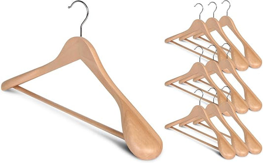 StorageWorks Wooden Hangers 10 Pack, Extra Wide Shoulder Wood Coat Hanger for Coats, Shirts, Jackets, Pants, Suits, Natural Wood Color