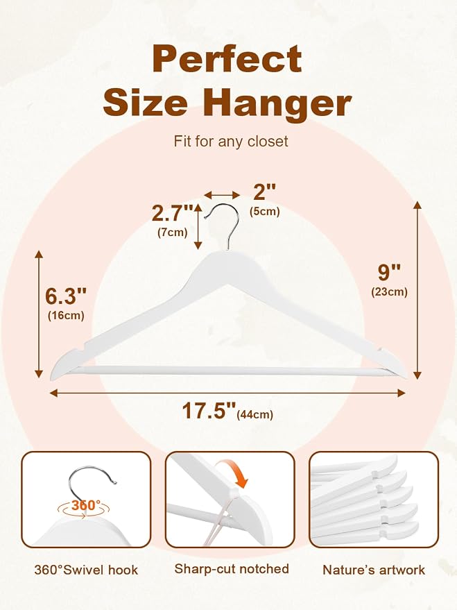 HOUSE DAY White Wooden Hangers 10 Pack, Solid Wood Hanger with Non Slip Pant Bar, Heavy Duty Wooden Coat Hanger for Closet, Smooth Finish Wood Clothes Hangers for Shirts, Suits Jackets, Dress