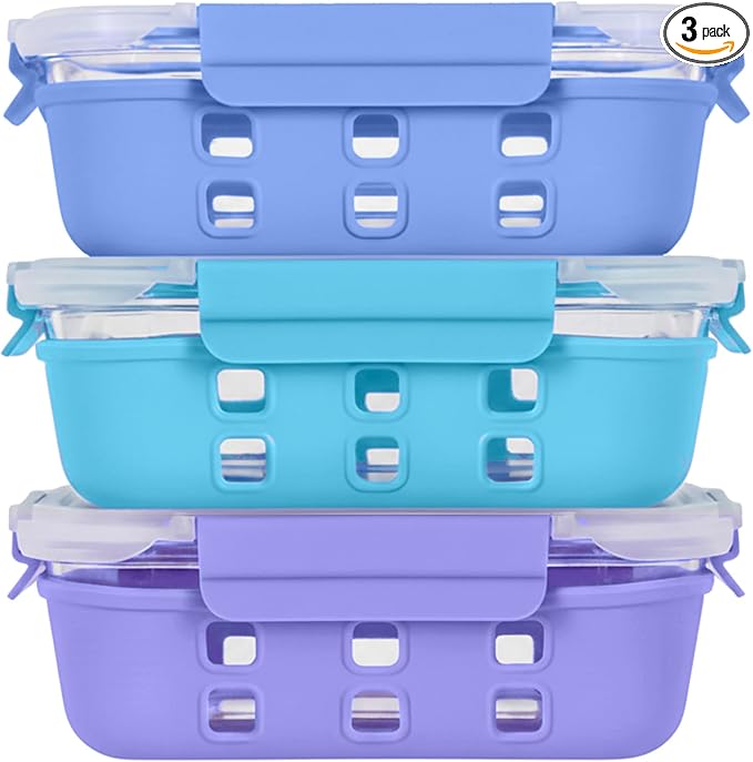 ECOBERI Glass Meal Prep Containers with Silicone Sleeves, 3 Piece 4.5 Cup Set, Borosilicate Glass Food Storage with Leak-Resistant Lids, Oven, Microwave, Freezer and Dishwasher Safe