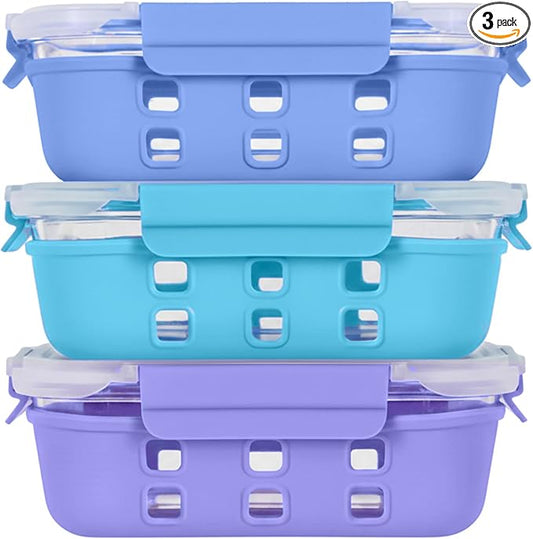 ECOBERI Glass Meal Prep Containers with Silicone Sleeves, 3 Piece 4.5 Cup Set, Borosilicate Glass Food Storage with Leak-Resistant Lids, Oven, Microwave, Freezer and Dishwasher Safe