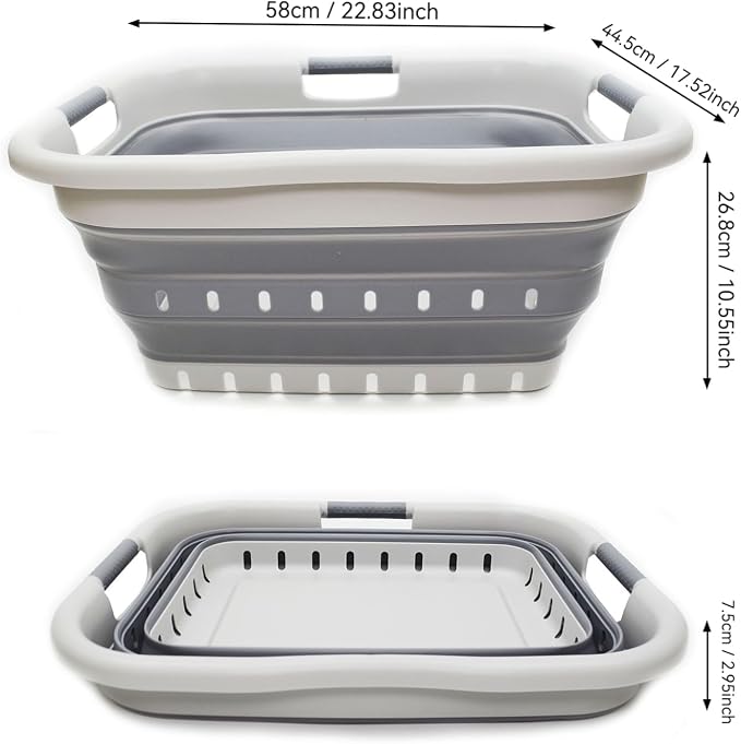 SAMMART 41L Collapsible 3 Handled Plastic Laundry Basket - Foldable Pop Up Storage Container/Organizer - Portable Basket - Space Saving Hamper/Basket (3 handled rectangular, Grey/Dark Grey)