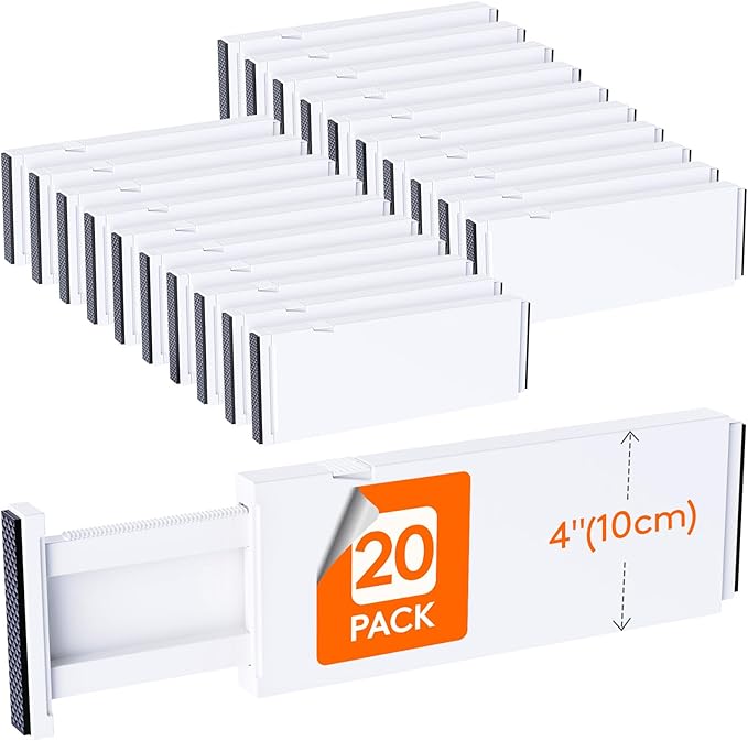 Lifewit 20 Pack Upgrade Drawer Dividers for Clothes, 4" High 11-17" Adjustable Dresser Drawer Organizers, Expandable White Plastic Drawer Separators for Kitchen, Nursery, Office Organization & Storage