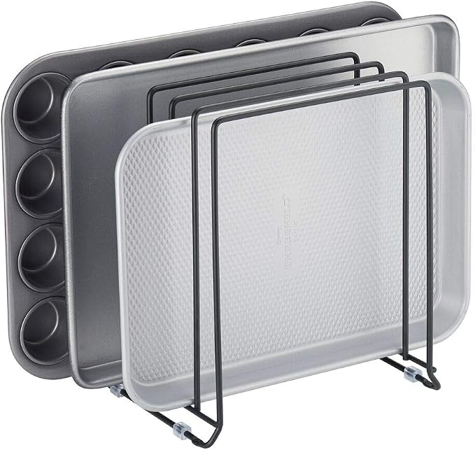 mDesign Pot Lid and Pan Rack — Metal Wire Rack for Cabinets, Pantries or Kitchen Surfaces — Freestanding Pan Stand with 5 Slots for Pans, Pots, Lids and Crockery — Black