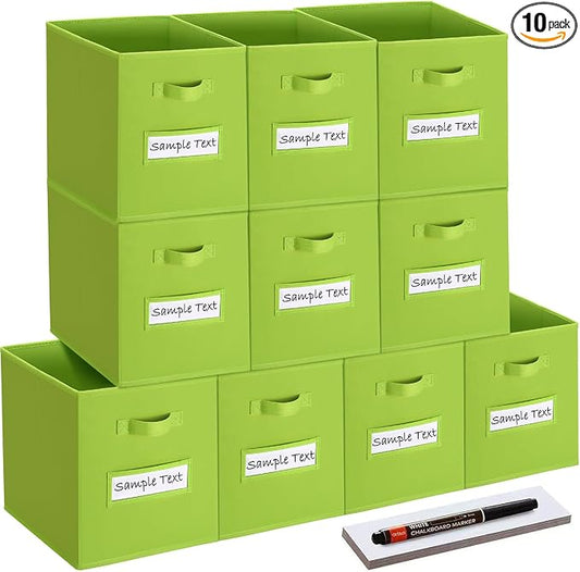 13x13 storage cube bins (Set of 10) Foldable Fabric storage cubes with 10 Labels Window Cards & a Pen,13 inch cube storage bins,Closet Organizers for Shelves,Cubby Organizer Boxes,lime green
