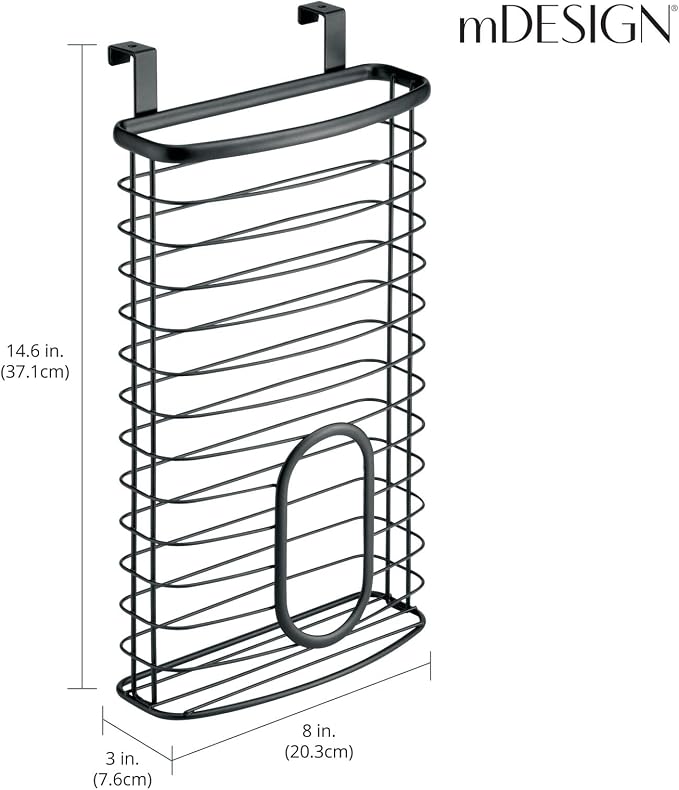 mDesign Steel Hanging Cabinet Storage Organizer Holder for Kitchen, Pantry - Holds Plastic, Sandwich, Garbage, Grocery and Trash Bags; Wrap, Foil, Pack - Spira Collection - Black