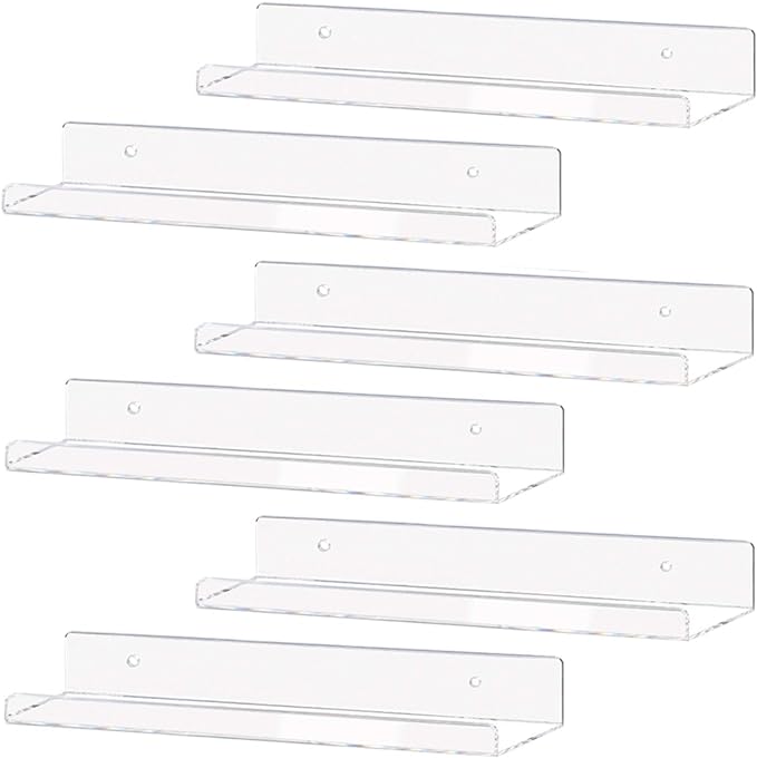 Weiai Clear Acrylic Shelves 15" Floating Wall Mount Ledge Display Bookshelf 6Pack