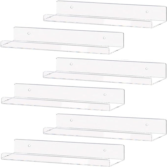 Weiai Clear Acrylic Shelves 15" Floating Wall Mount Ledge Display Bookshelf 6Pack