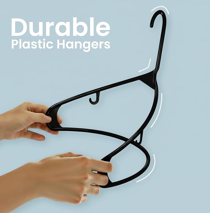 Utopia Home Plastic Hangers 50 Pack – Built-in Strap Hooks Black | Space saving | Durable & strong | Closet organizer | Clothes hangers | Ideal for shirts, pants, skirts & coats