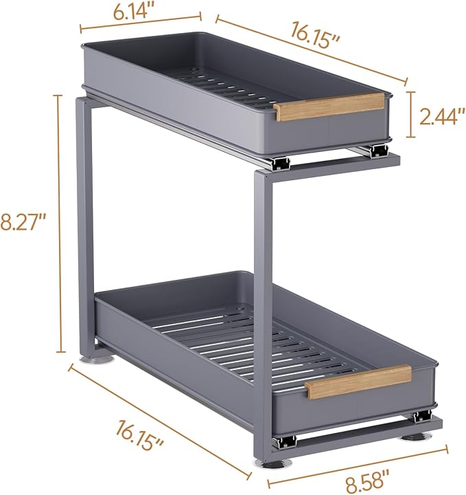 Pull Out Under Sink Organizer, 2 Tier Slide Out Drawer for Kitchen, Bathroom and Cabinet Storage, Steel, Gray