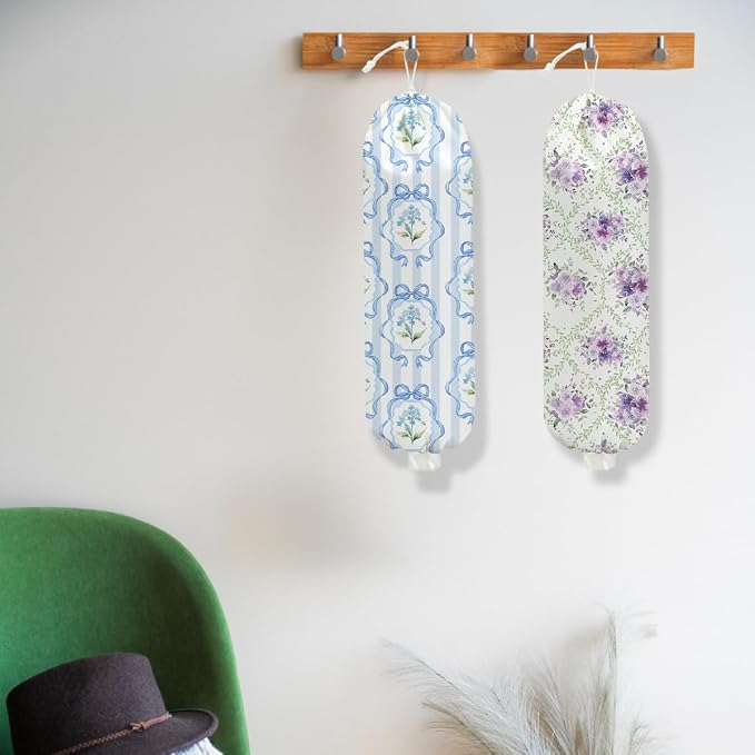 2Pcs Flower Plastic Bag Holder 22.5x9 Inch, Wall Mount Grocery Bag Holder for Plastic Bags, Bow Washable Grocery Bags Storage Dispenser for Home Kitchen Decor, Purple Flower Gifts for Women Mom