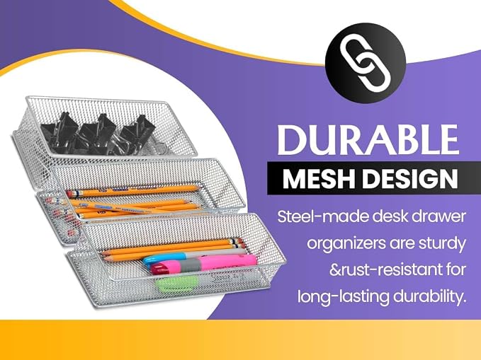 YBM Home Silver Mesh Drawer Organizer and Storage for Kitchen Drawers, Serves as School Supply Holder, Office Desktop Organizer Basket, Makeup and Craft Supplies Organization, (1 Unit, 4x12x2 Inch)