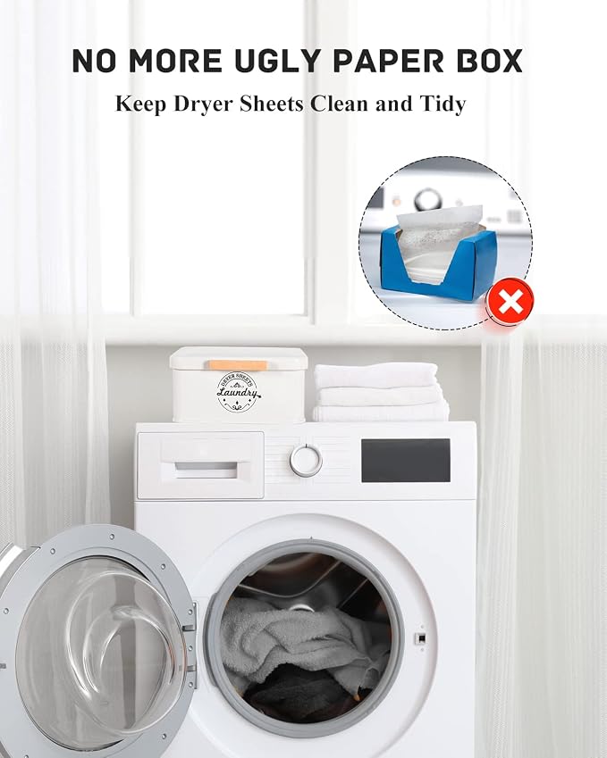 SACREDAY Dryer Sheet Holder with Hinged Lid for Laundry Room Organization. Metal Dryer Sheet Dispenser Container, Farmhouse Laundry Room Decor and Accessories for Dryer Sheets Holder, Cream