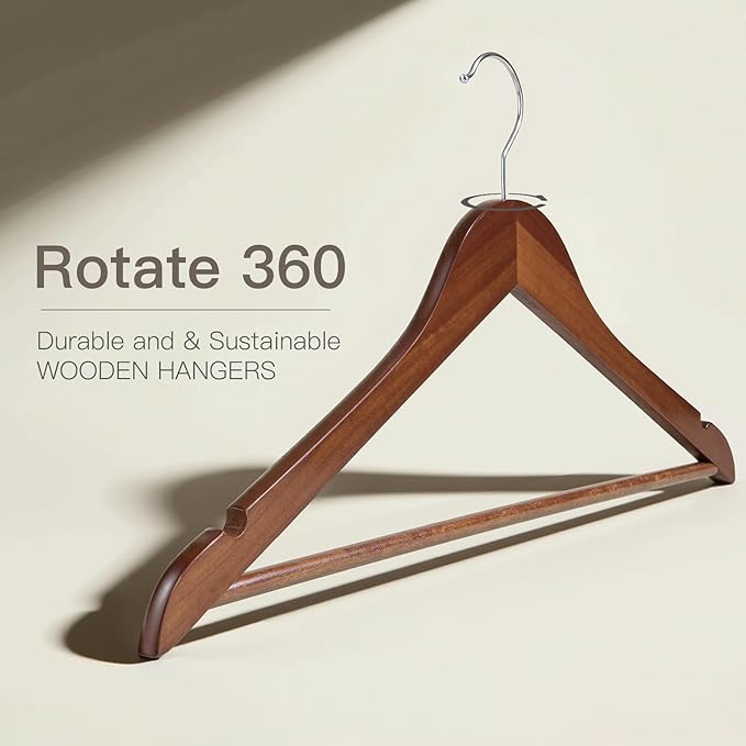 Wooden Hangers 90 Pack,Heavy Duty Solid Wooden Clothes Hangers with Pant Bar,360-Degree Rotatable Hook,Durable & Slim Wood Hangers for Coats,Jackets,Dress,Pants(Walnut)