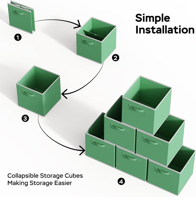 MAX Houser Fabric Cloth Storage Bins,Foldable Storage Cubes Organizer Baskets with Dual Handles for Home Bedroom Storage,Set of 6(Green)