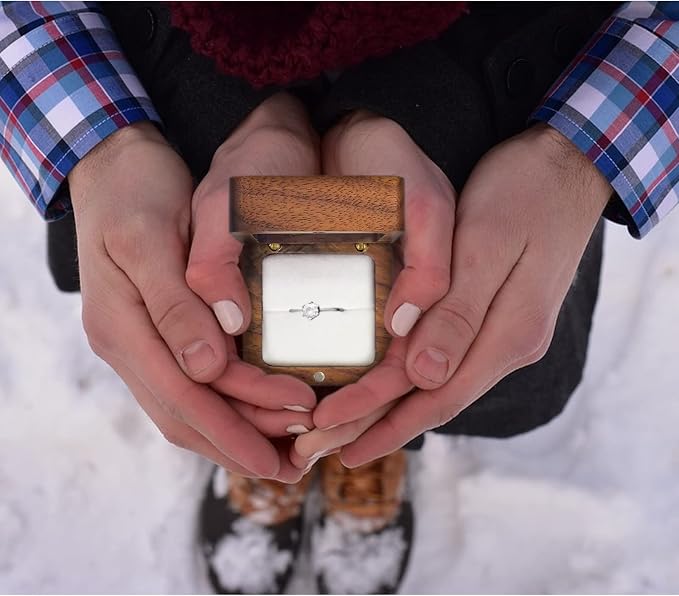 Wooden Ring Box, Mini Engagement Ring Holder Box with Single Slot, Square Wedding Rings Box for Rings, Elegant and Retro RingHolder Box for Wedding, Ceremony (white)