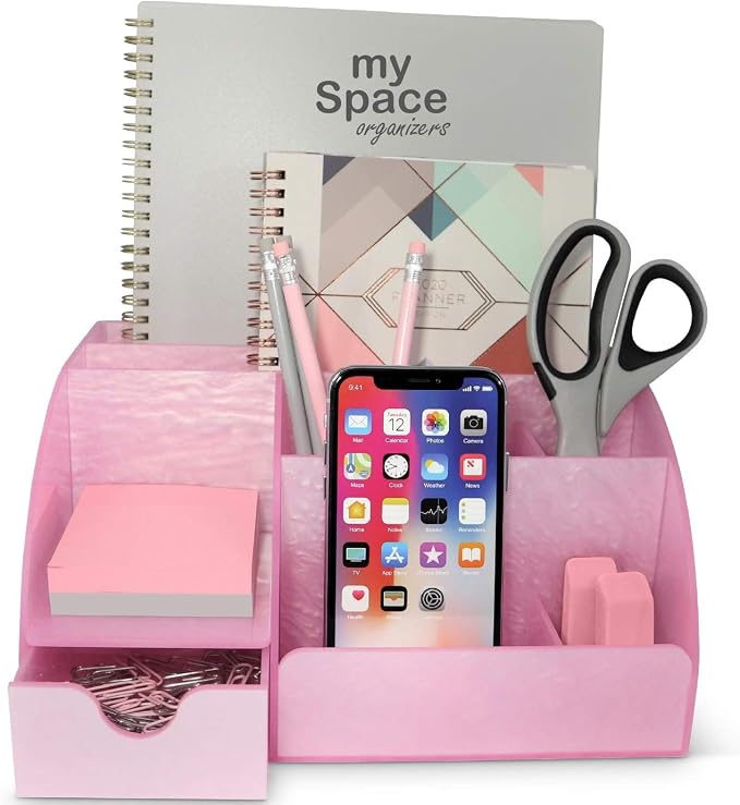 My Space Organizers Pink Desk Organizer Office, Acrylic, with Drawer, 9 Compartments, Supplies and Cool Desk Accessories Organizer, Desktop Pen Holder (Pink)