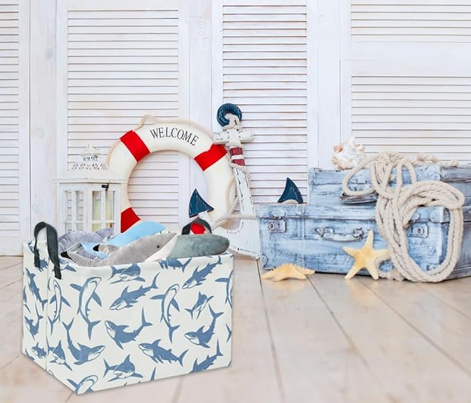 Rectangular Shark Basket Kids Baby Storage Basket Cute Kids Toy Storage Bin Organizer Shelf Book Shark Room Decor(Blue Shark)