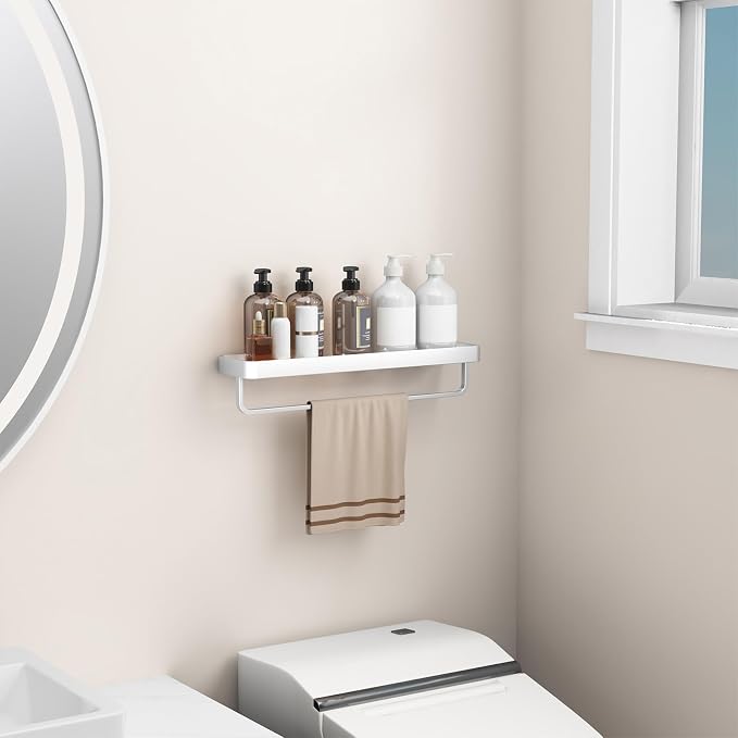 Danpoo 20 Inch Long Floating Bathroom Shelf with Towel Bar, Clear Tempered Glass Wall Shelf for Bathroom Storage Organizer, Matte Silver