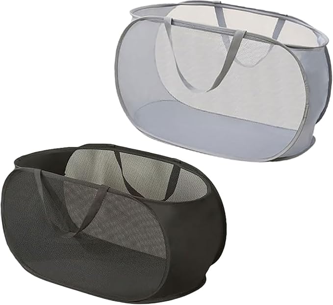 2 Piece Popup Mesh Laundry Basket Durable Handles Collapsible Laundry Baskets Folding Clothes Pastic Hamper for Laundry Room College Dorm (Black/Gray)