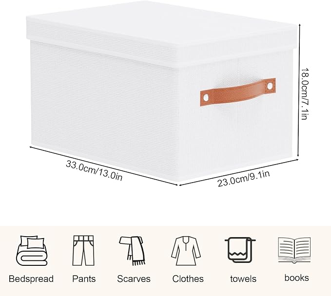 Fabric Storage Baskets,White Boxes,7.1 x 9.1 x 13In,3 Pack | Foldable Storage Bins with Lids,Shelves Organizers for Wardrobe,Bedroom,Decorative Closet Cubes for Shoes Towel Book