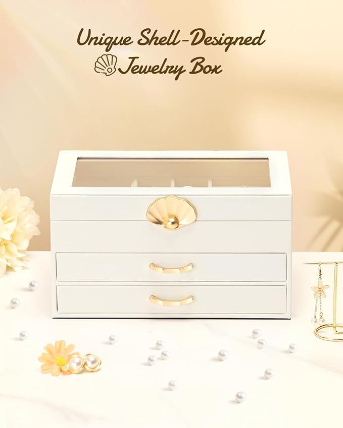 Enthralite Jewelry Box with 2 Drawers: Display Organizer for Earrings Necklaces - Gift for Girls Women (White) | Space-Saving Design for Elegant Vanity Order - Storage for Ring Earring Necklace Bracelet - Suits Women Who Value Style
