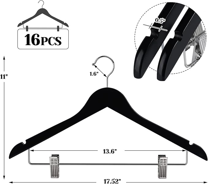 HOUÍSM Wooden Hangers with Clips, Heavy Duty Pants & Skirt Hangers, Solid Wood Clip Hangers for Trousers, Jeans, Clothes – Black, 16 Pack